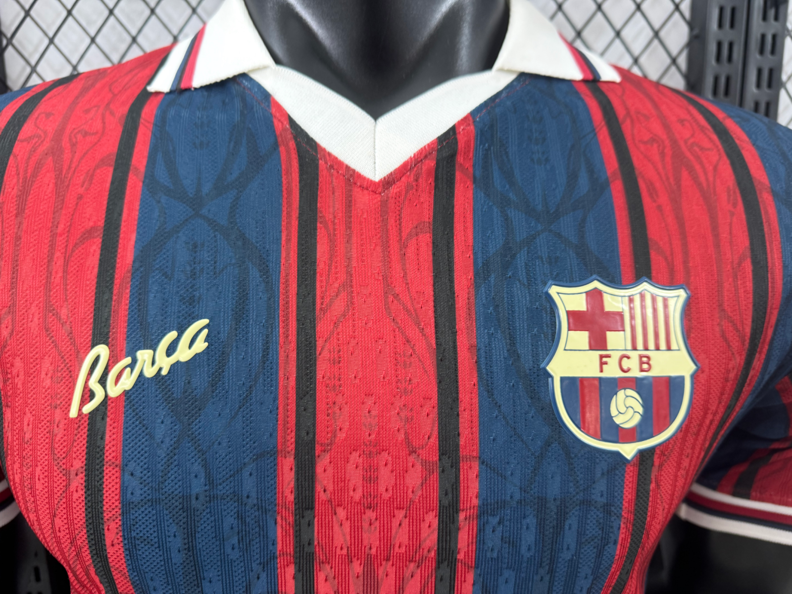 Red navy black striped Barcelona 25/26 125th anniversary home jersey