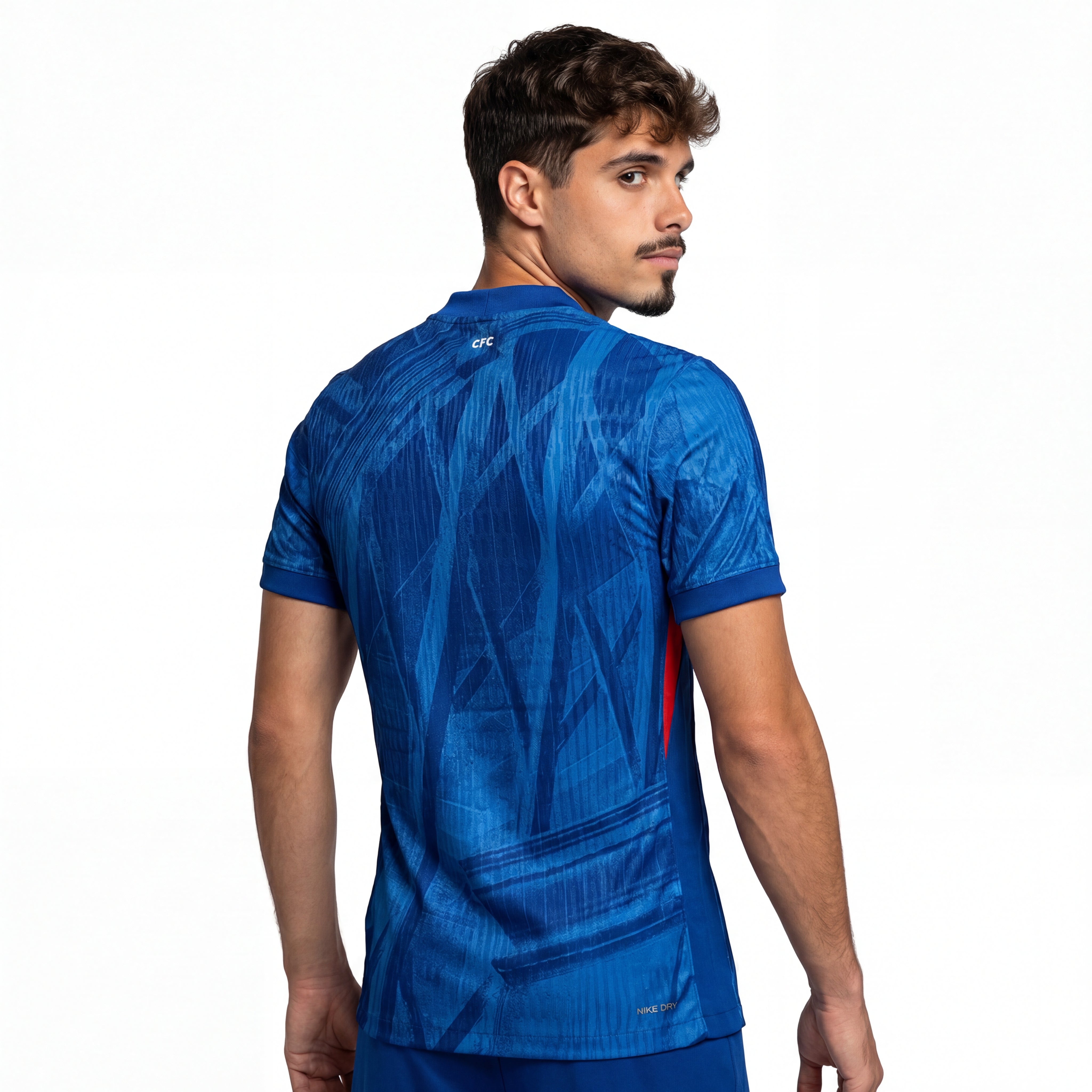 Chelsea 25/26 home player jersey with blue geometric pattern and CFC branding